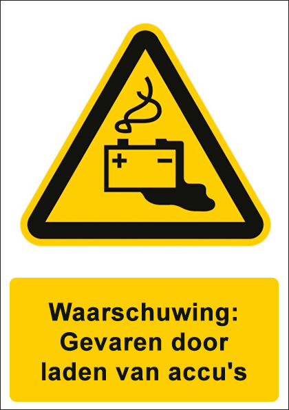 (afbeelding voor) Gevaren door laden van accu's met tekst
